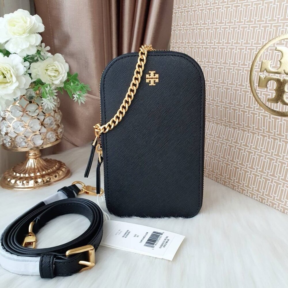 NWT Tory Burch Emerson Phone Case, Black with Gold Chain & Leather Strap